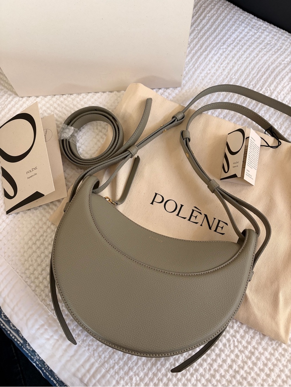 Polene Numero Dix textured leather Olive Green Gray $620 NWT